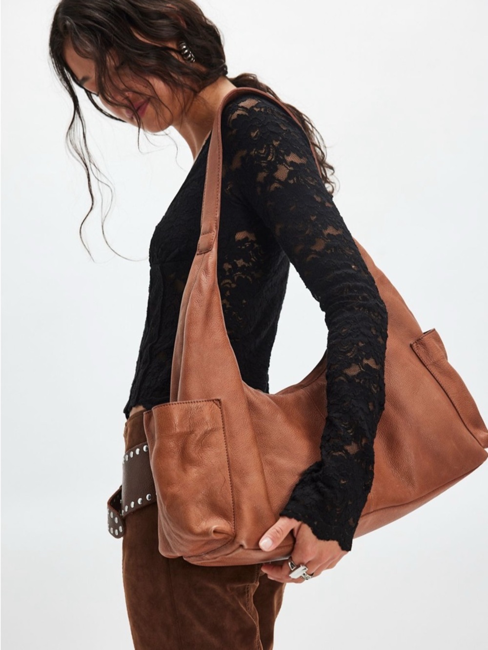 Free People Weho Slouchy Leather Shoulder Tote Bag in Cognac Beige Brown